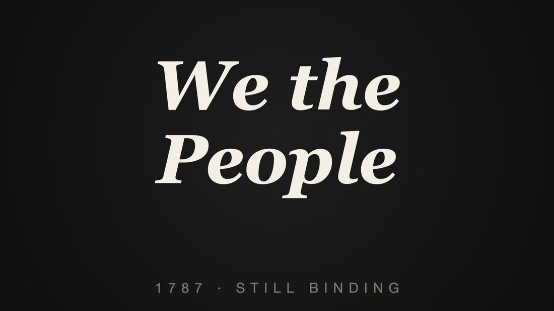 We the People set in large serif type on black — the Constitution’s first three words as protest language