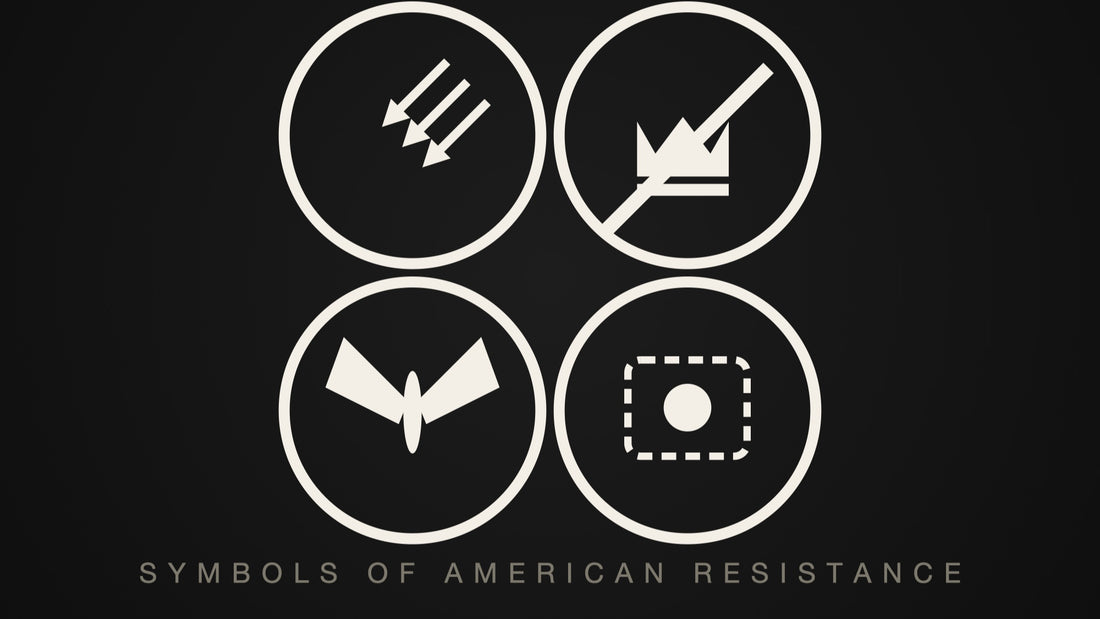 A field guide grid of protest marks — arrows, crown, star, and patch — symbols of American resistance