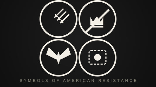 A field guide grid of protest marks — arrows, crown, star, and patch — symbols of American resistance