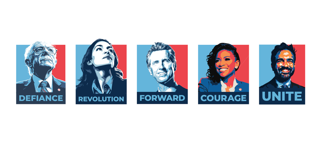 Five poster portraits in red and blue: Bernie Sanders DEFIANCE, AOC REVOLUTION, Gavin Newsom FORWARD, Jasmine Crockett COURAGE, Zohran Mamdani UNITE