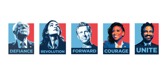 Five poster portraits in red and blue: Bernie Sanders DEFIANCE, AOC REVOLUTION, Gavin Newsom FORWARD, Jasmine Crockett COURAGE, Zohran Mamdani UNITE