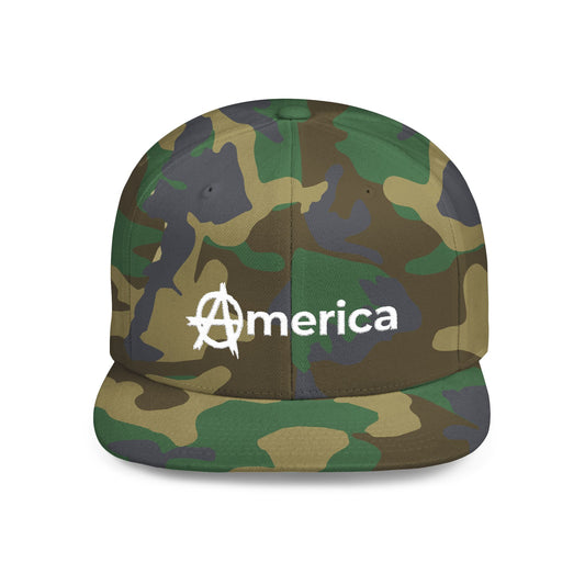 America – Flat Bill Snapback Hat – Adjustable Hat Featuring Anarchy Symbol Design for Political Expression